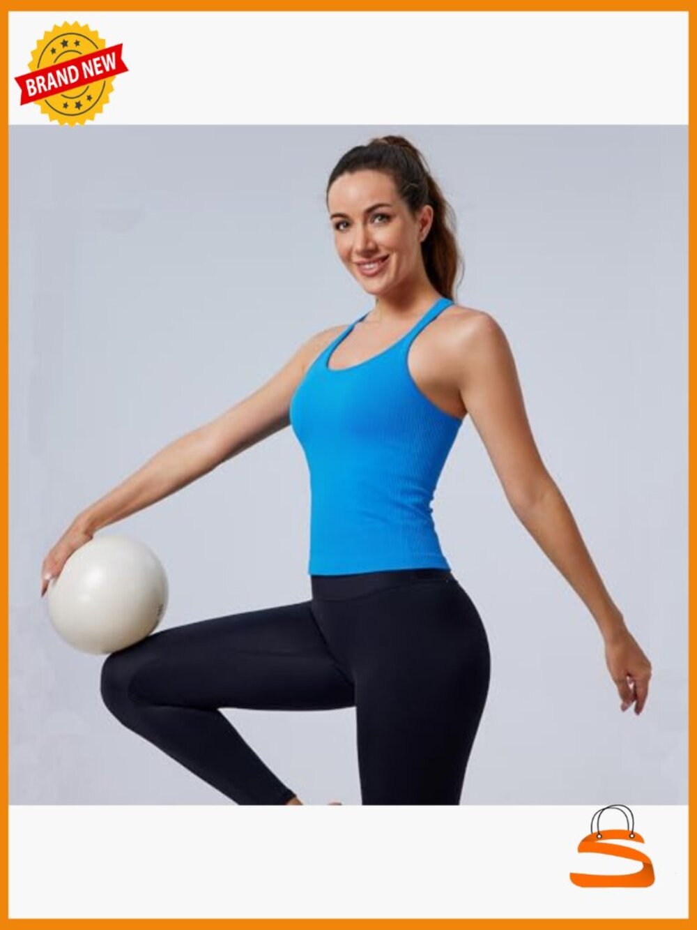 Ribbed Seamless Crop Tank Top with Built-in Bra Racerback - Picture 2 of 6